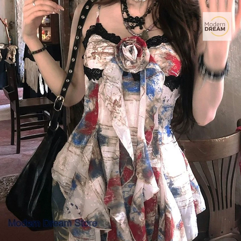 American spice girl oil painting art printing suspender vest female summer flower sleeveless design irregular splicing lace top