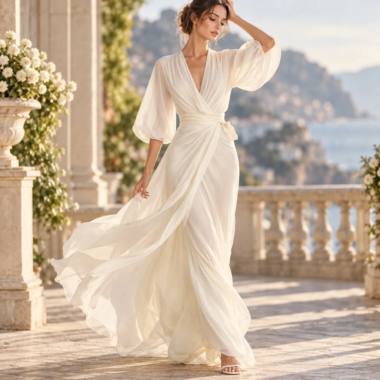 Deep V Neck V Neck Dress High Waist Innocent Sweet with a Line Sweet and Fresh a Line Silhouette Pleated Dress for Women