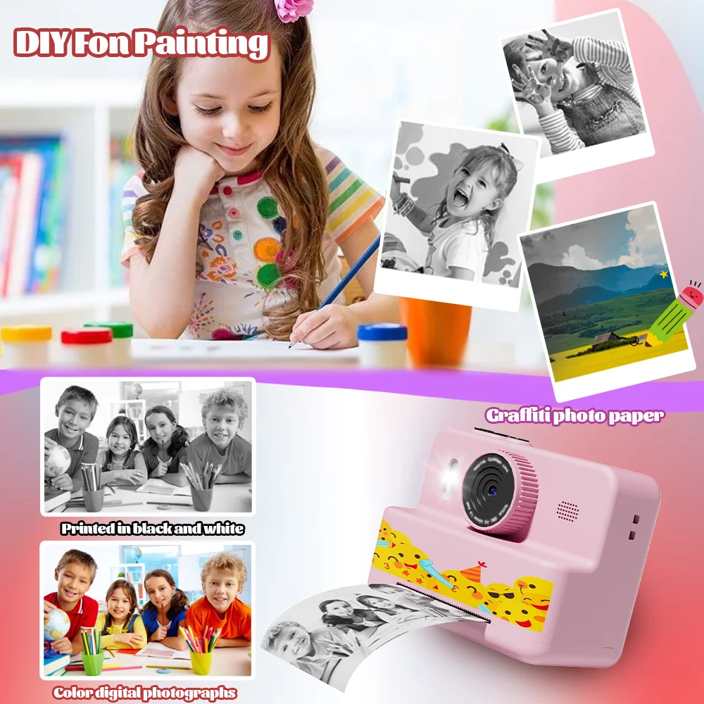 Fotocamera con stampa istantanea per bambini, giochi con foto, video, musica e puzzle, filtri | flash | doppie telecamere | Ricarica USB | regalo per ragazzi e ragazze 4+