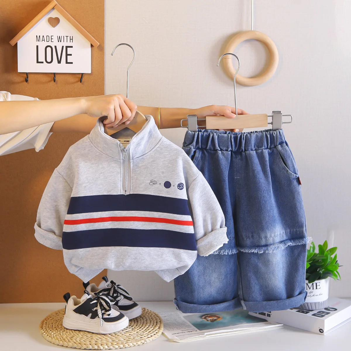 Children's Clothing 2026 Spring Autumn Korean Baby Boys Outfit Sporty Standing Collar Half Zipper Hoodies and Pants 2 Piece Set
