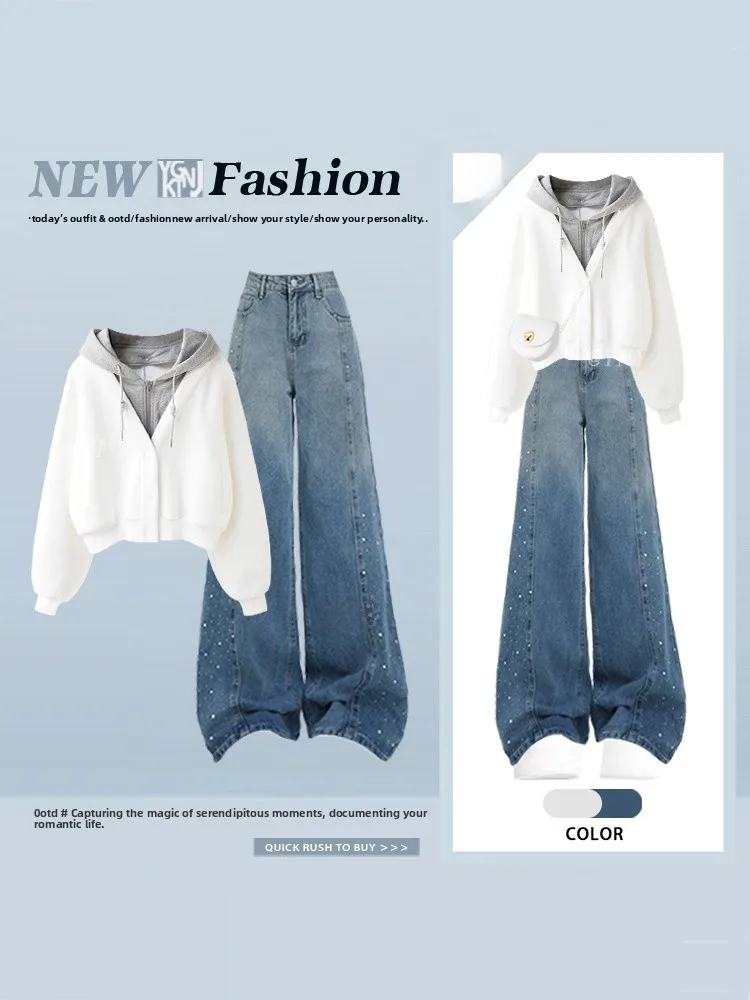 

Large Size Casual Hoodie And Wide Leg Jeans Set Women's Winter Anti-Aging Trendy Streetwear Faion Ensemble High Waist Long ...