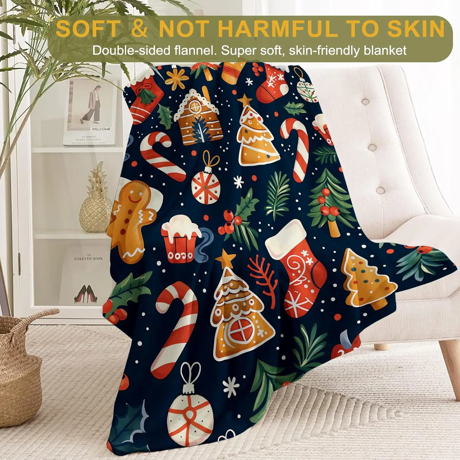 Festive Christmas Throw Blanket Xmas Holiday Decor Winter Keepsake Throw for Sofa Couch Home Decorations Gingerbread Santa Stock