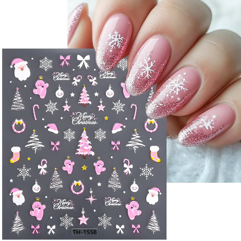 DIY Christmas Nail Stickers 3D Gold Glitter Christmas Tree Santa Claus Adhesive Nail Decals Decorations Press On Nails