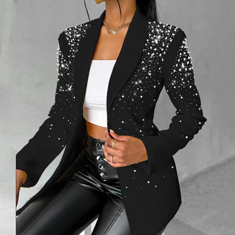 

Chic Beaded Long Sleeved Blazer Coat Autumn Casual Office Lady Turn-down Collar Slim Jacket Elegant Solid Professional Cardigan