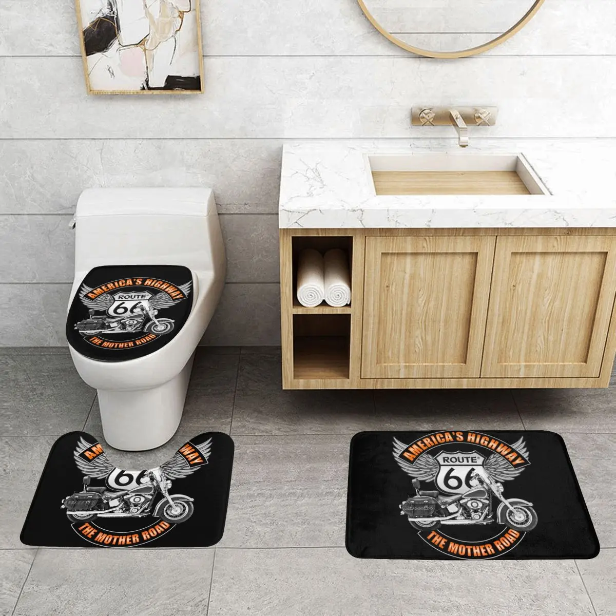 Custom Route 66 Mother Road 3 Piece Bathroom Rugs Set Non-Slip Motorcycle Toilet Bath Mat Sets