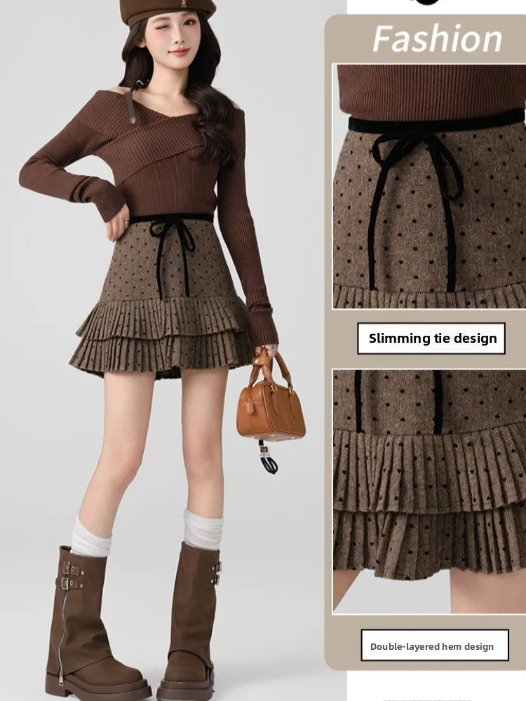 Jupe en mousseline de soie à taille haute, nouvelle collection printemps-automne, couleur café, à pois, jupe trapèze pour femme avec ourlet en dentelle