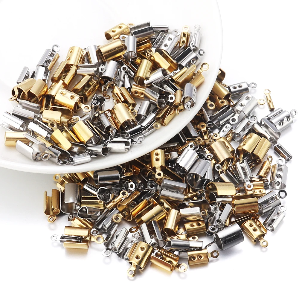 1-5mm Stainless Steel Crimp End Beads Caps Leather Cord Clip Tip Fold Crimp Bead Bracelet Connectors For Jewelry Making