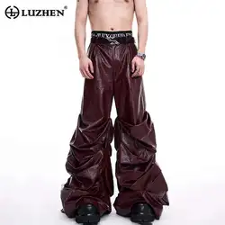 LUZHEN Stacking Pleated Wide Leg Casual Faux Leather Pants Spring Baggy Personalized Luxury Trendy Men's Trousers Street LZ7272