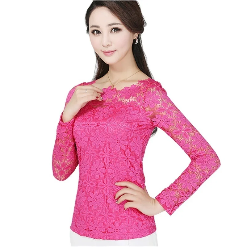 Sexy Hollow Women Blouse Long-sleeved Lace Shirts Plus Size blusas femininas elegante Lace blouse