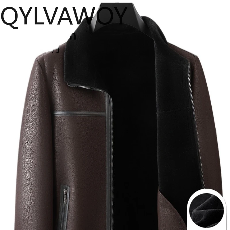 QYLVAWOY 2025 Winter New 100% Wool Real Leather Men's Jacket Fur-Lined Lapel Thickened Leather-Fur Integrated Outerwear LJ2670