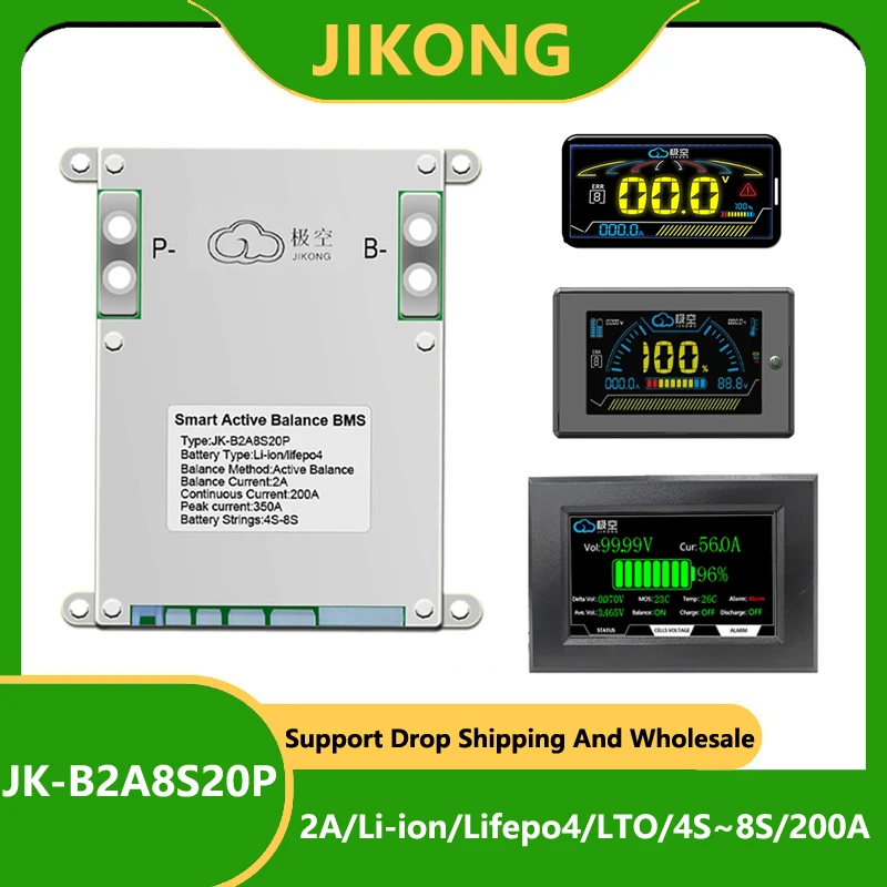 JK BMS JK-B2A8S20P 200A JKBMS Smart 2A Active Balance 18650 Lifepo4 Battery Li-ion 4S 12V 5S 6S 7S 8S 24V BT RS485 Camping Ebike