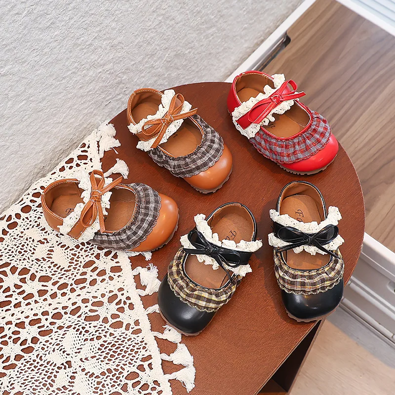 

2025 Autumn New Girls' Bow Princess Shoes Comfort Non Slip Kids Lace Leather Shoes Simple Versatile Girls Casual Shoe Zapatos