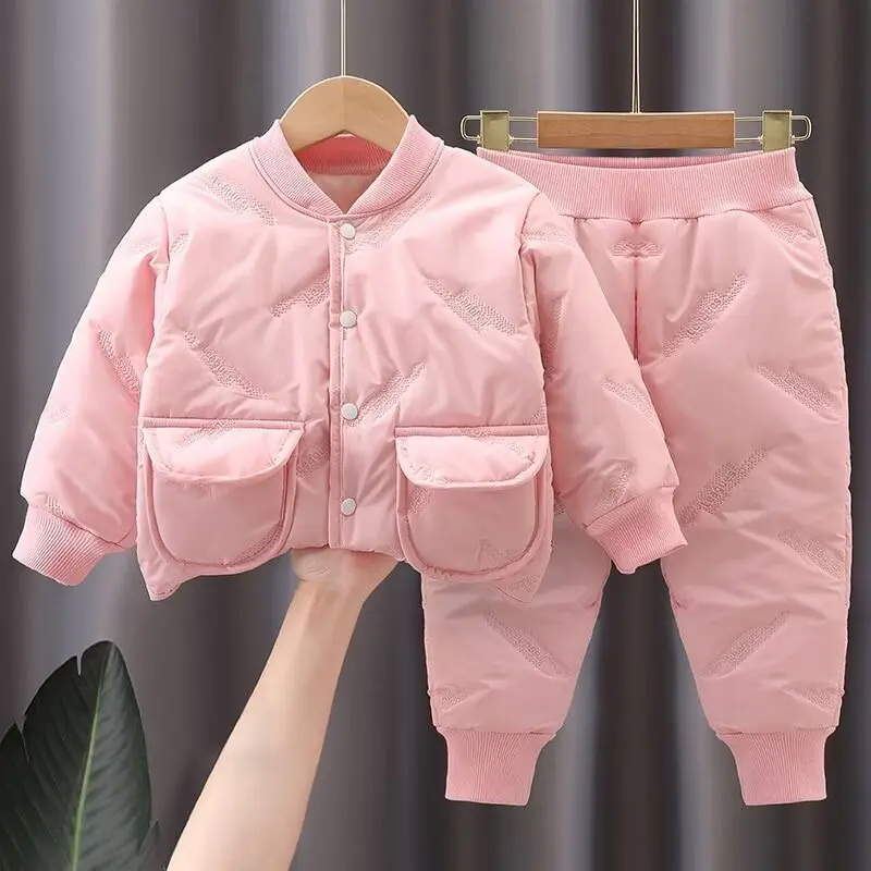 Children's Winter Jacket Top And Bottom Clothes Set Boy Girls Tracksuits Solid Color Jacket For Boy+Cotton Pants Two Piece Set