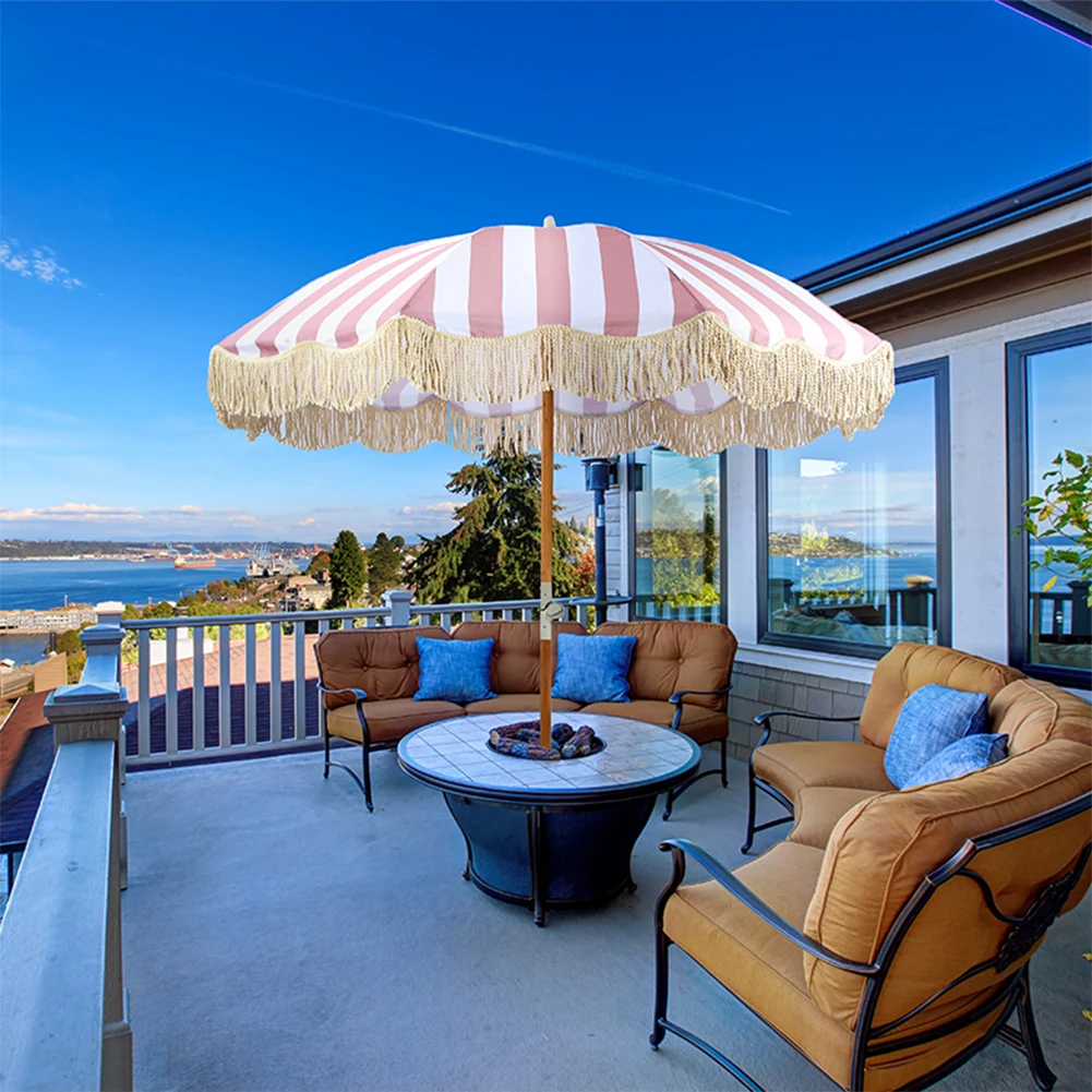 

Striped Outdoor Sunshade Umbrella with Fringe Sun Shelter with Tilt Pole for Balcony Terrace Swimming Pool Beach Garden