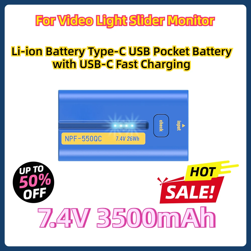 For Video Light Slider Monitor 3500mAh Li-ion Battery Type-C USB Pocket Battery with USB-C Fast Charging