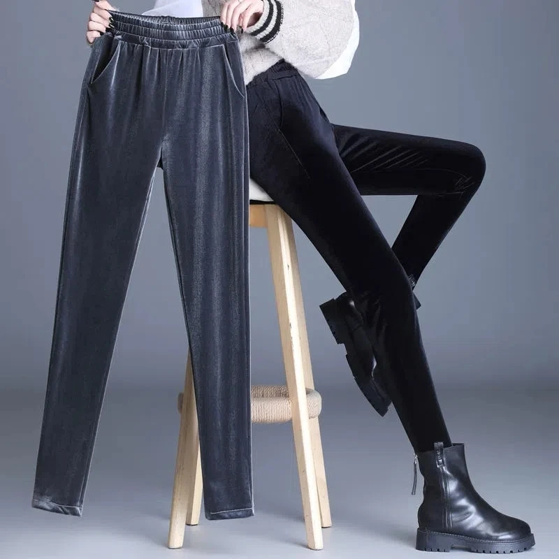 

Women Gold Velvet Casual Pants High Waist Solid Color Pantalon Femme Autumn Winter Fashion Joggers Plus Thicken Trousers