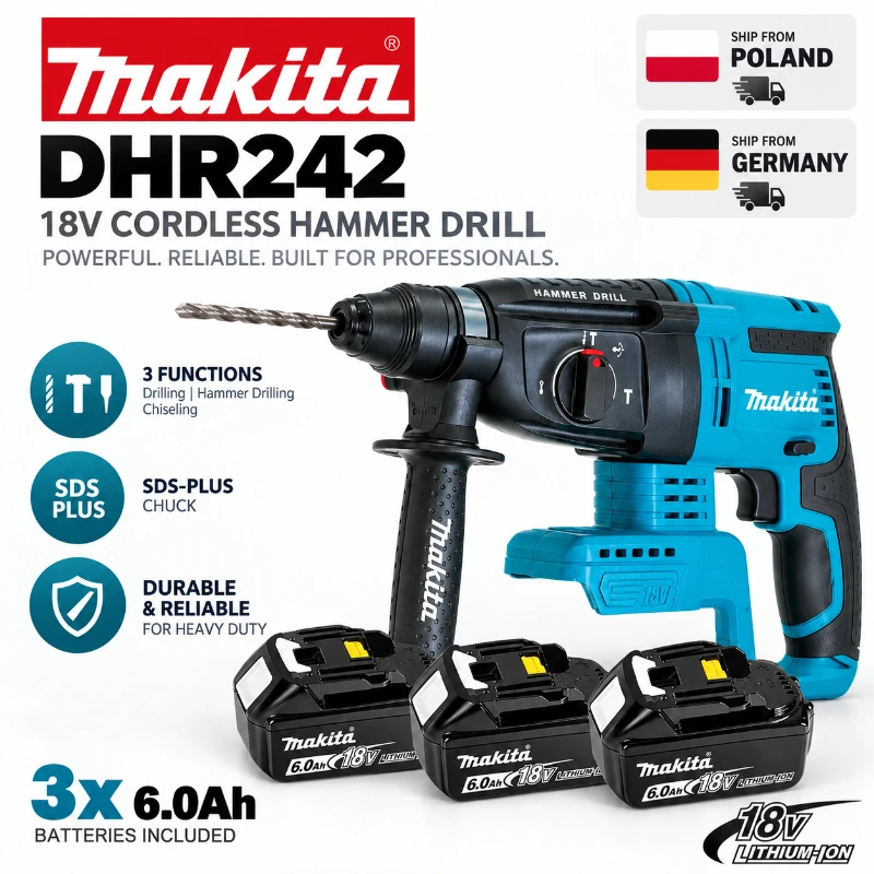 Makita DHR242, trapano-martello rotante a batteria 18V LXT, 24 mm, attacco SDS Plus, utensile elettrico per calcestruzzo, 4700 IPM, 2,0 J, 3 modalità, compatibile con batterie BL1860B, BL1850B,