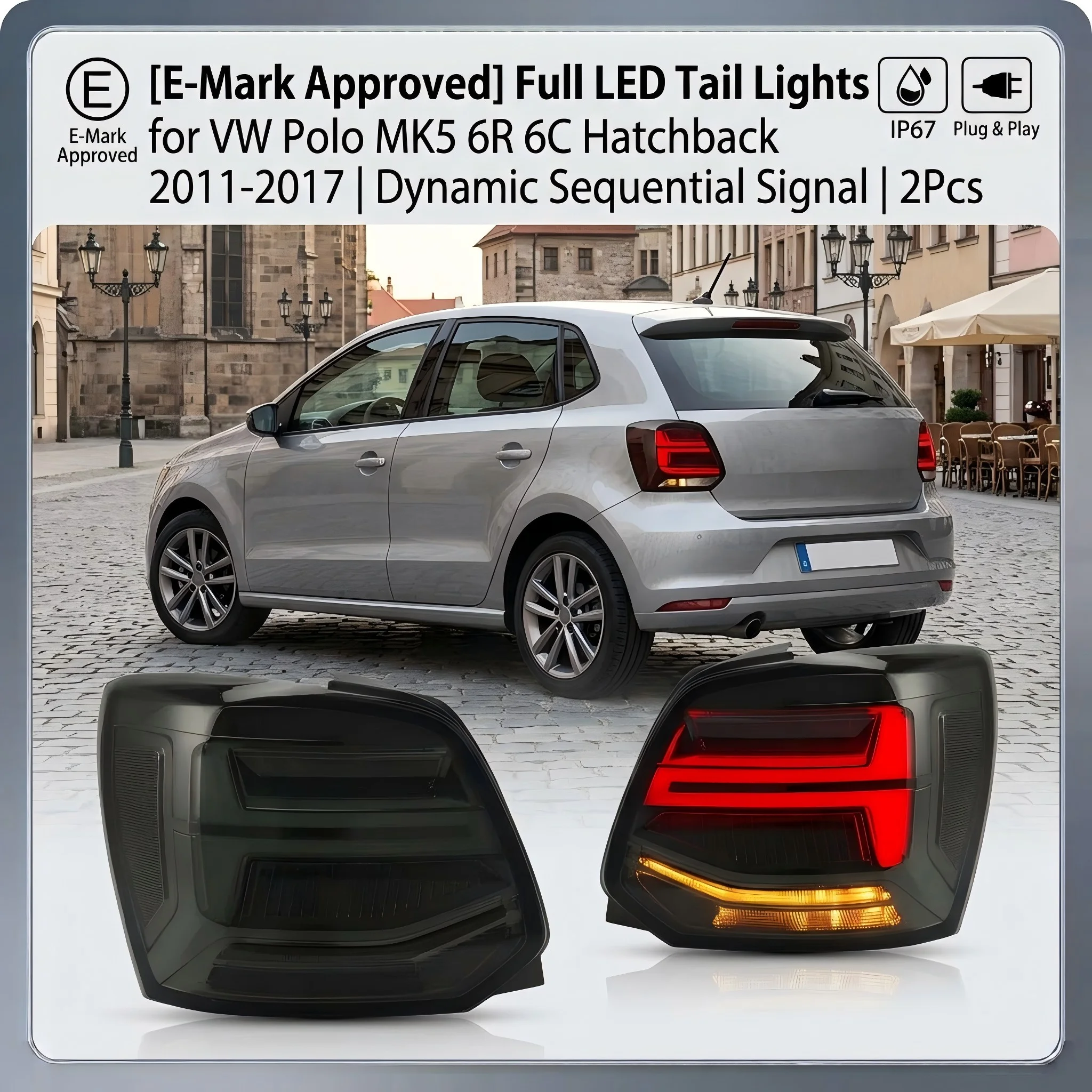 [E-Mark-Zulassung] Voll-LED-Rückleuchten für VW Polo MK5 6R 6C Schrägheck 2011-2017 Dynamische Sequenzielle Blinker Rückleuchten-Baugruppe IP67 Plug & Play 2 Stück