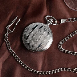 Men's Vintage Automatic Mechanical Pocket Watch Silver Fob Chain Retro Pendant Clock Arabic Numerals Dial Timepiece