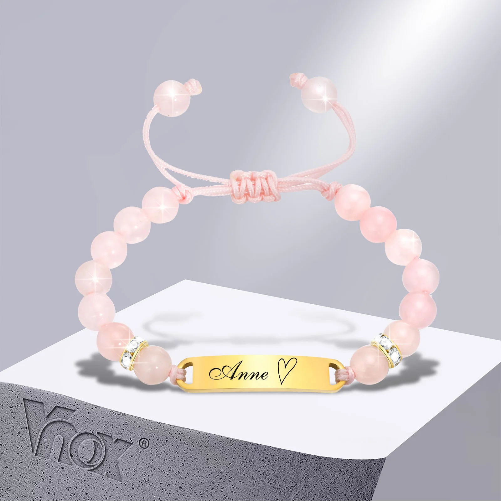 Vnox Free Personalized Girl Name Bracelets, Custom Anti Allergy Stainless Steel Pink Beads Bracelet for Boy Girls Birthday Gifts