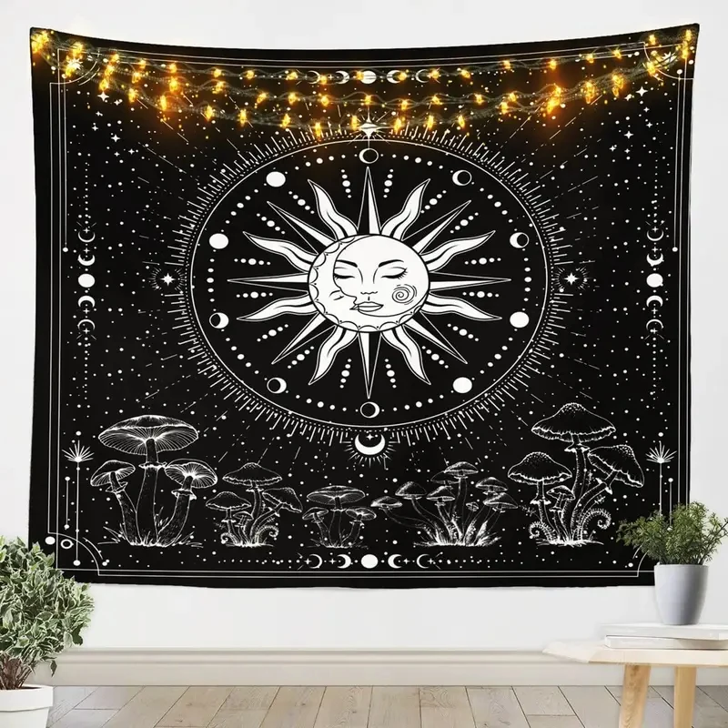 VIKAMA Sun and Moon Tapestry, Black White Celestial Mushroom Print Wall Hanging for Bedroom Dorm Living Room Home Decor