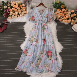 YuooMuoo Romantic Floral Print Chiffon Maxi Dress Women Sexy V-neck Backless Beach Vestidos Elegant Elastic Waist Party Dress