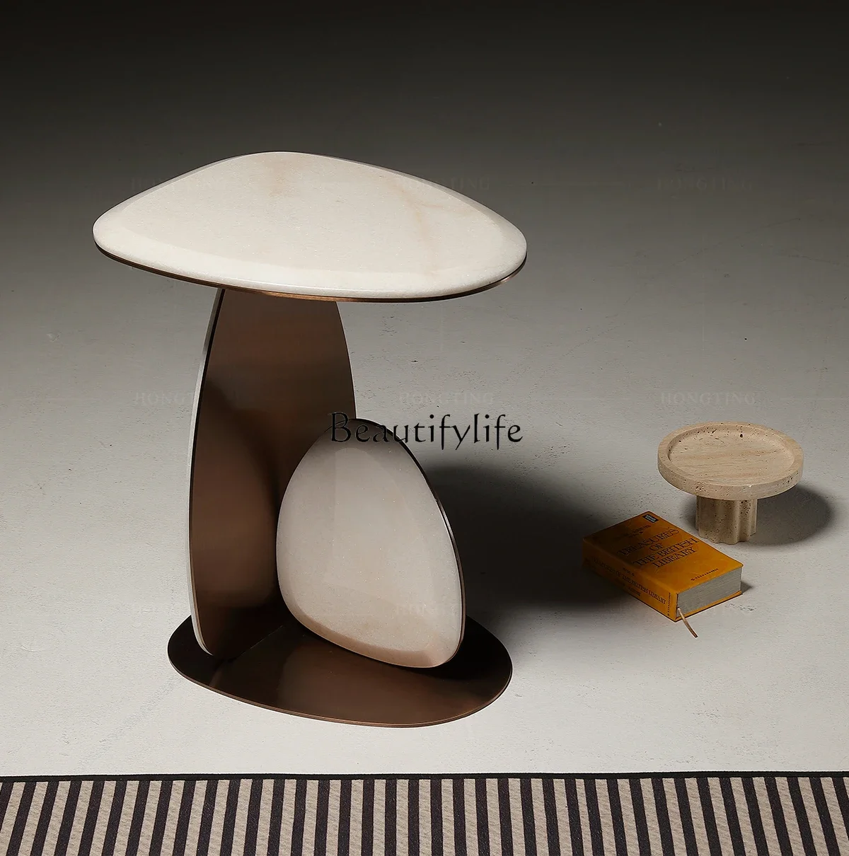 

z.High-end Sofa Corner Table Small Table Bronze Color Pure Natural Marble Creative Art Coffee Table