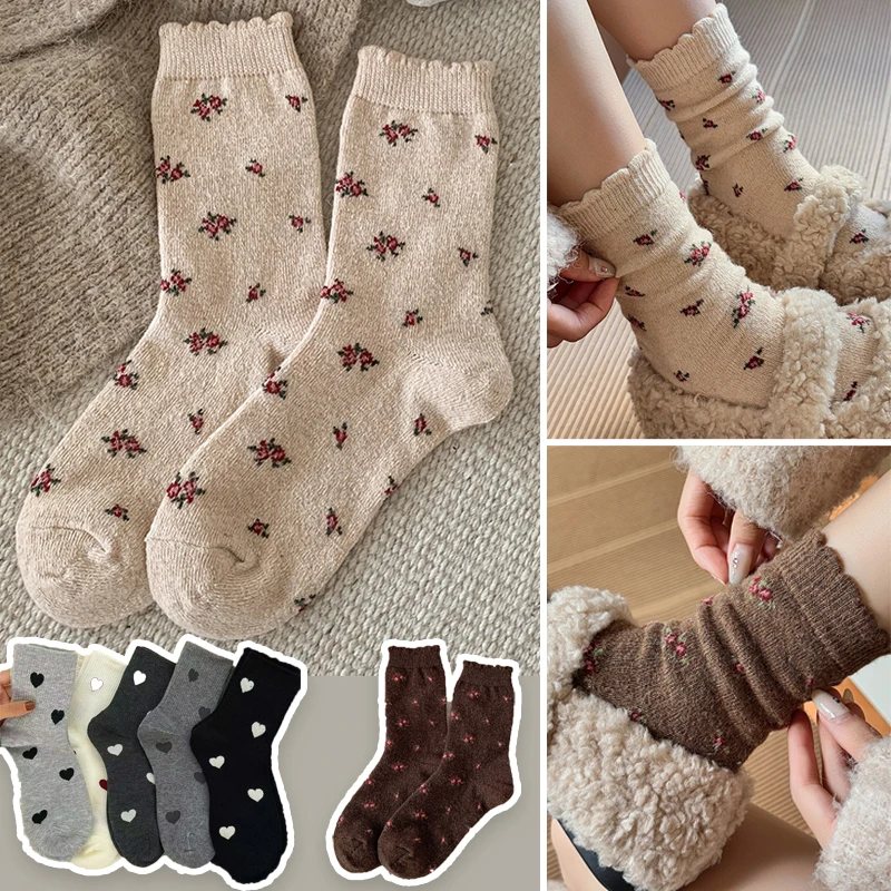 Women Retro Heart-shaped Floral Wool Warm Socks Korean Style Casual Fashionable Thick Comfortable Cute Stocks Sweet Winter Gift