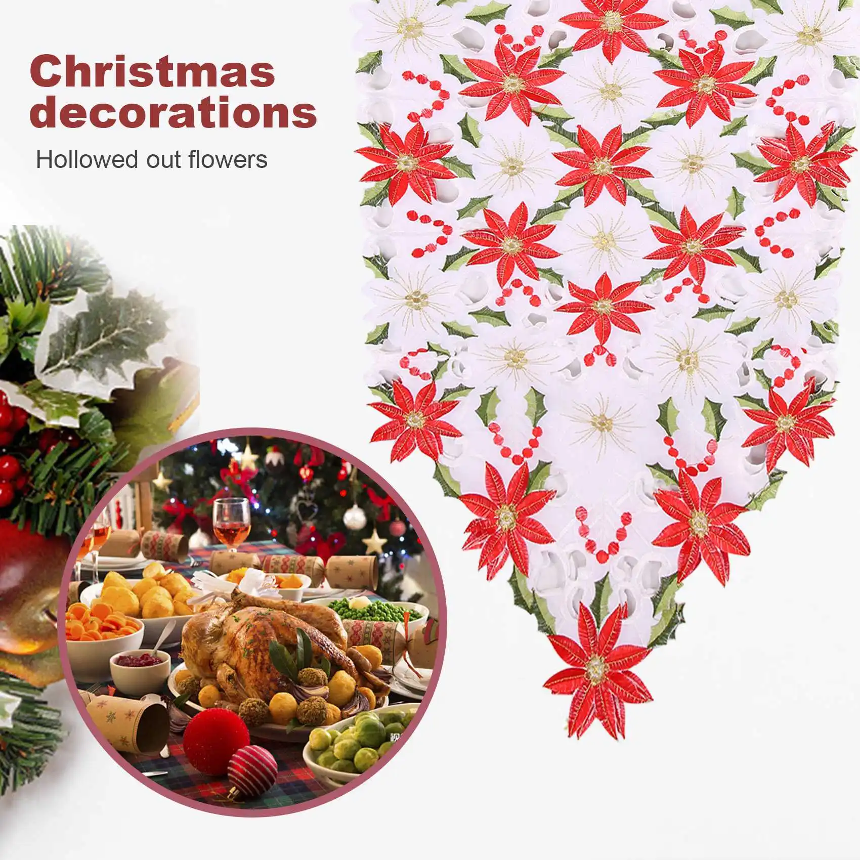 Рождественская вышитая дорожка для стола, роскошная дорожка для стола Holly Poinsettia для рождественских украшений, 15 x 70 дюймов