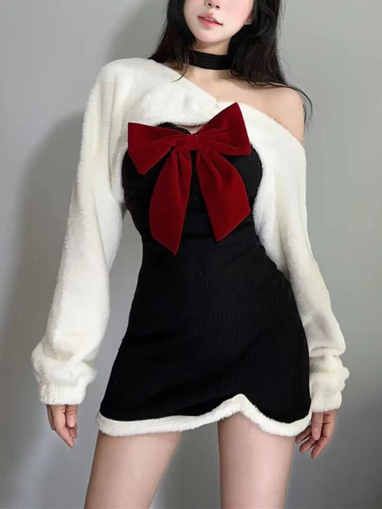 

France Style Vintage Two Piece Set Women Bow Korean Fashion Mini Dress Suit Female Long Sleeve Tops + Sweet Split Dress 2023 New
