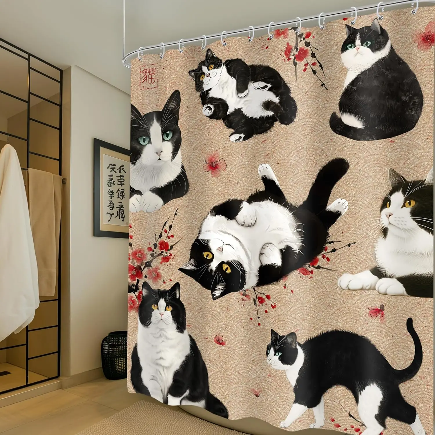Japanischer Kirschkatzen-Duschvorhang, schwarz, weiß, rot, niedliches Tier, wasserdichtes Polyester, Badezimmer, Zuhause, dekorative Abdeckung mit Haken