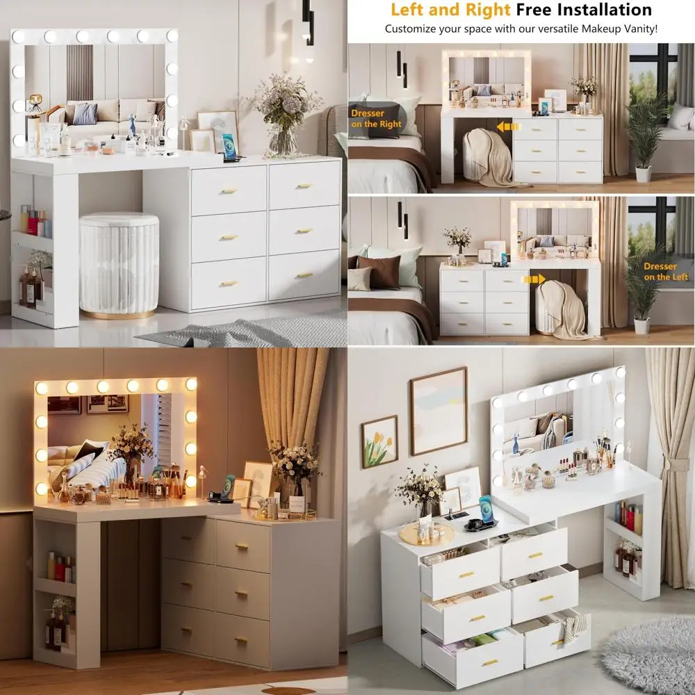 illuminated 3-color makeup vanity desk with 6 drawers and dual side storage for beauty essentials