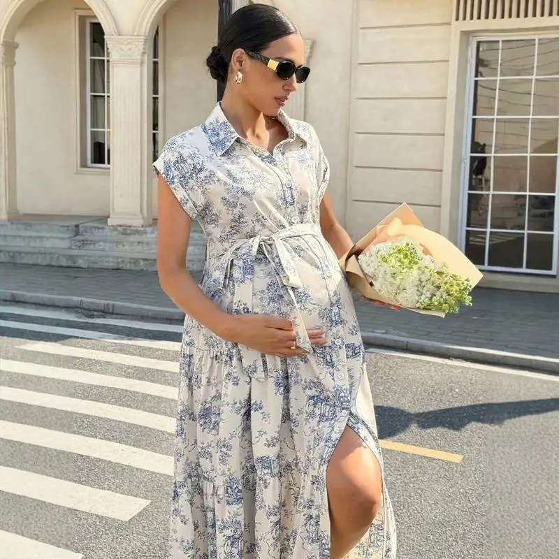 corb-fashionable-dress-maternity-shirt-dress-with-hide-belt-floral-pattern