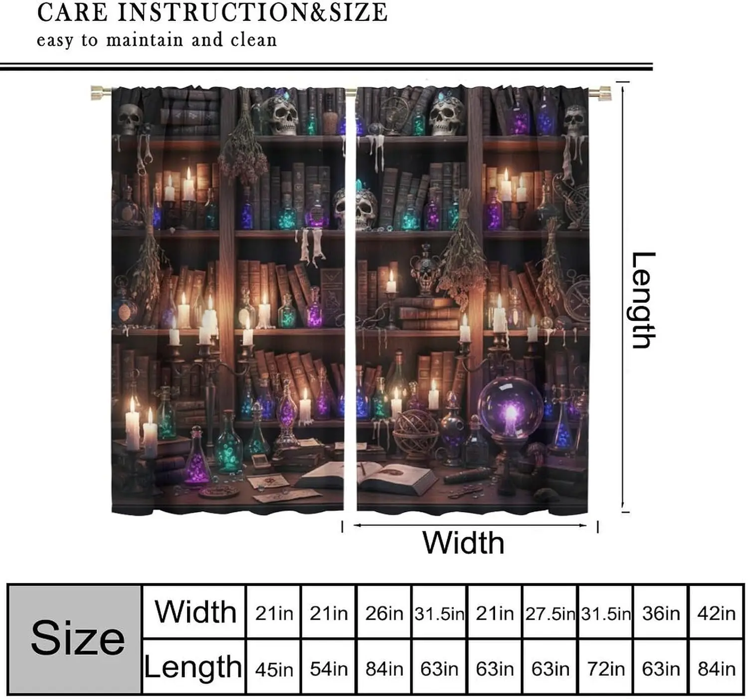 Gothic Witch Magic Theme Curtain 2 Panels Retro Dark Wood Shelf Skull Luminous Potion Candle Print Window Curtain Spooky Home