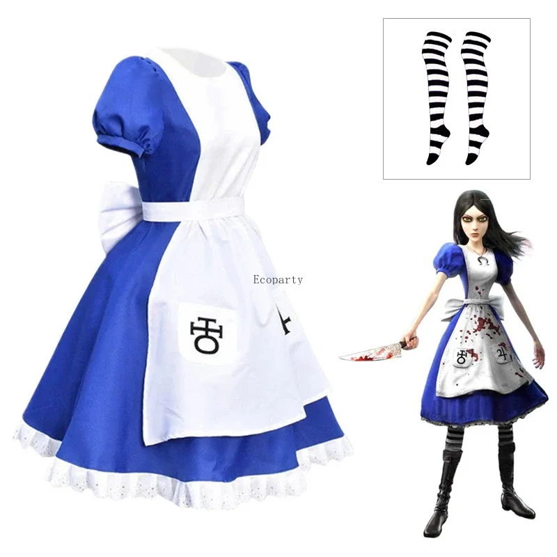 Halloween Game Alice Madness Returns Cosplay CostumeMaid Dresses Apron Dress and Socks Women Anime Girl Carnival Party Dress Up