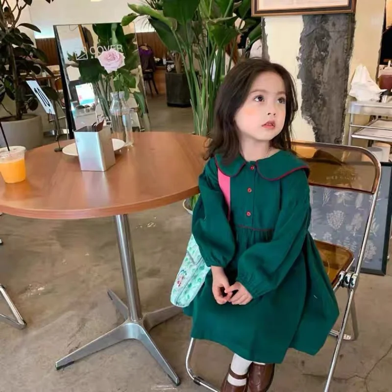 Kids Dress Girl Fashion Long Sleeve Pullover Knee Length Corduroy Green Retro Casual Dresses Spring Autumn Children Clothing