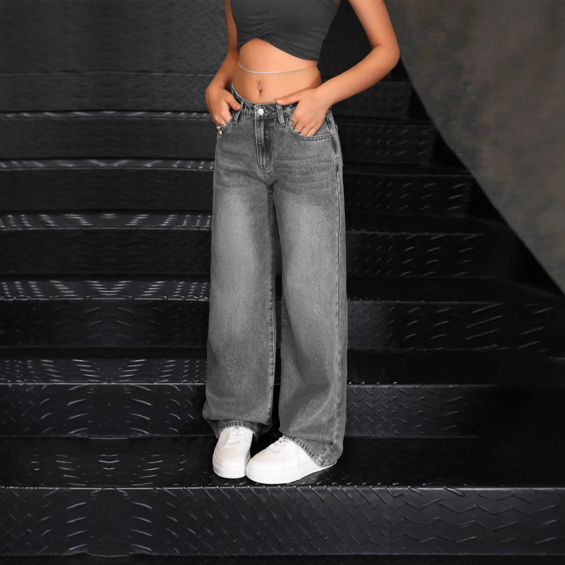 Denim Jeans Women Solid Jean Zipper Fly Empire Waist Full Length Straight Pants Slight Strech Loose Fit Streetwear 2025 Autumn