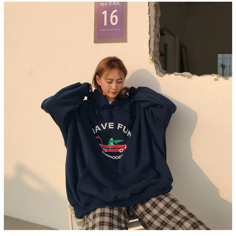 

Women's Clothing Grey Vintage Street Hoodie Crocodile Printing Long Sleeves Casual High Street Oversize Baggy Ladies Tops Autumn