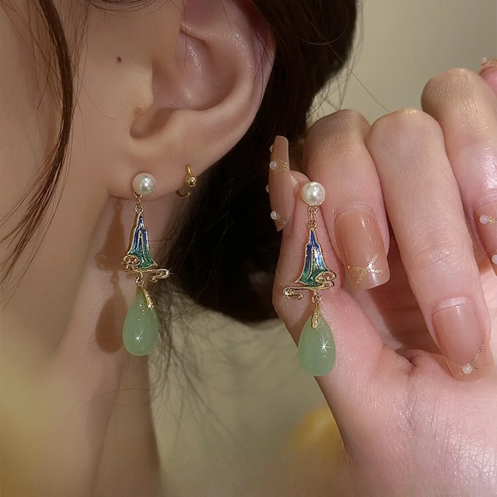 

SEREIN S925 Sliver Water Drop Natural Jade Earrings Temperament Light Luxury Long Studs Needle Retro Ear Accessories Gifts