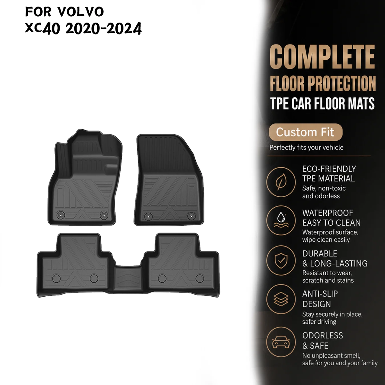 [LHD]Volvo XC40 2020-2024 Four Seasons Waterproof and Anti-Slip TPE Floor Mat for Cars.