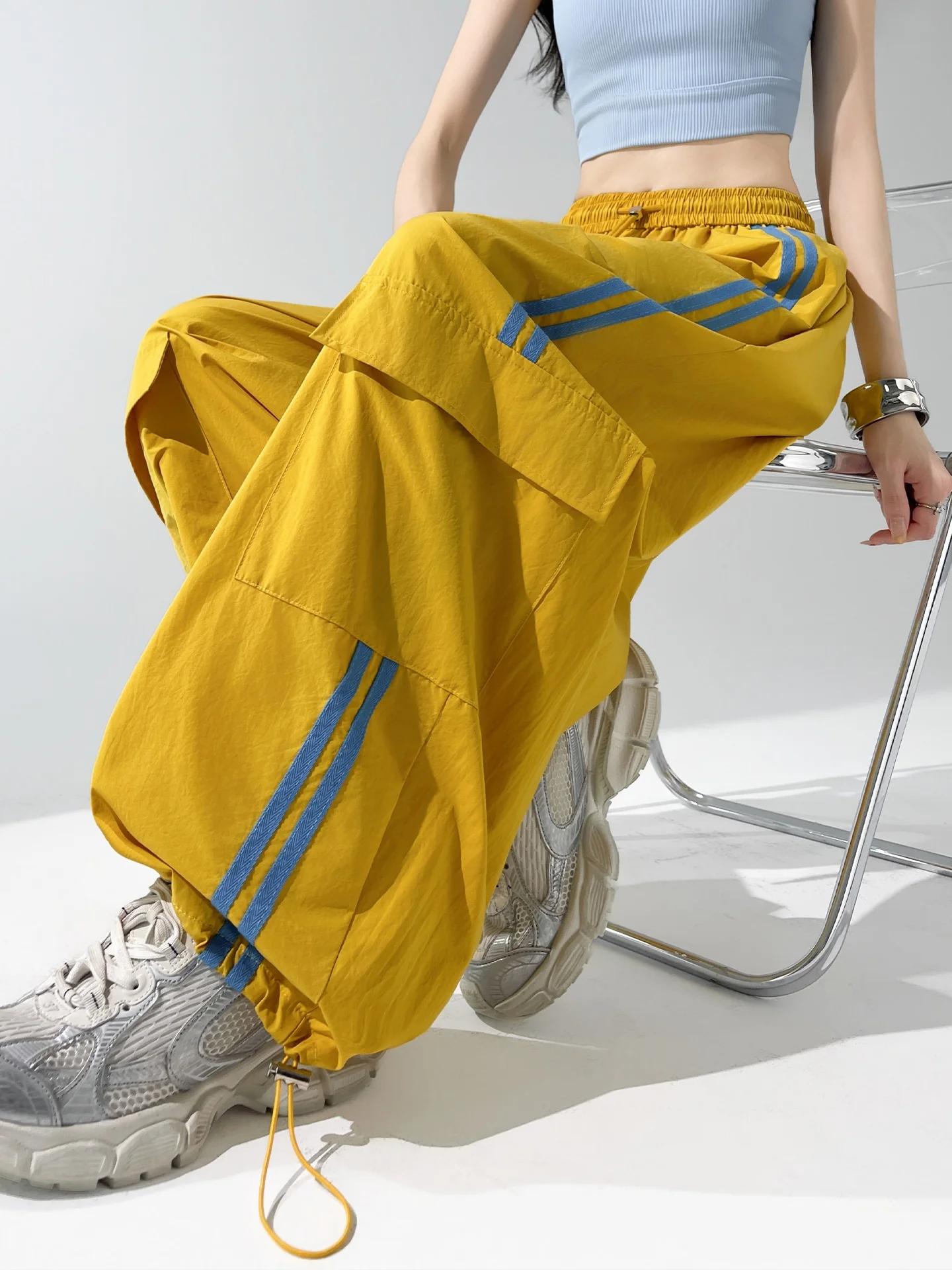 

Design Sensation Color Block Quick Dry Knife Work Pants Women Summer New Yellow Stripes Patchwork Sports Street Dance Pants