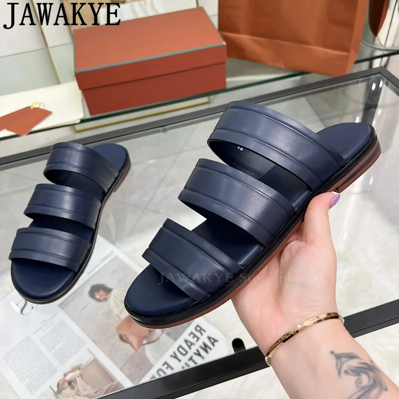 Herren runde offene Zehen lässig flache Hausschuhe echtes Leder faulen Mann Hausschuhe Sommer Luxus Strand Slipper flache Sandalen Mann