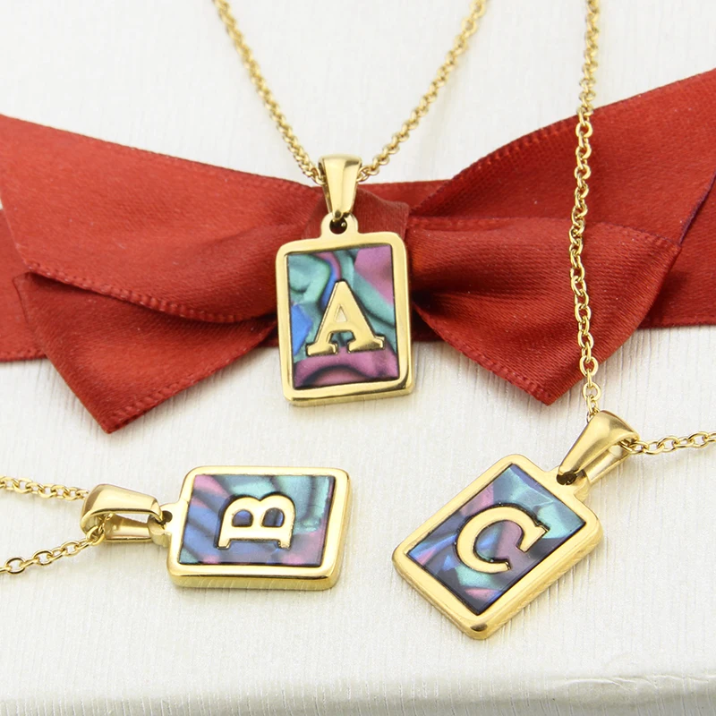 MHS.SUN Stainless Steel Square Abalone Shell Letter Pendant Necklace Inital Alphabet A-Z Choker Gold Plated Jewelry