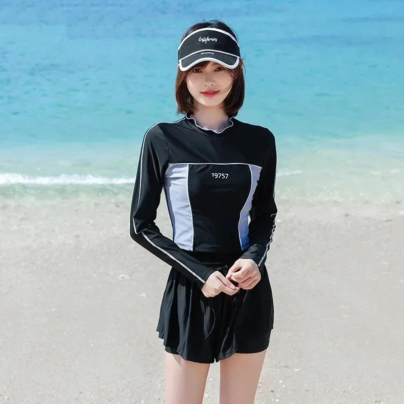 

Two-piece Bikinis Sets Patchwork Long Sleeve Tops Slim Bottom Hot Spring Woman Swimsuits Preppy Fashion Female Clothes Dropship