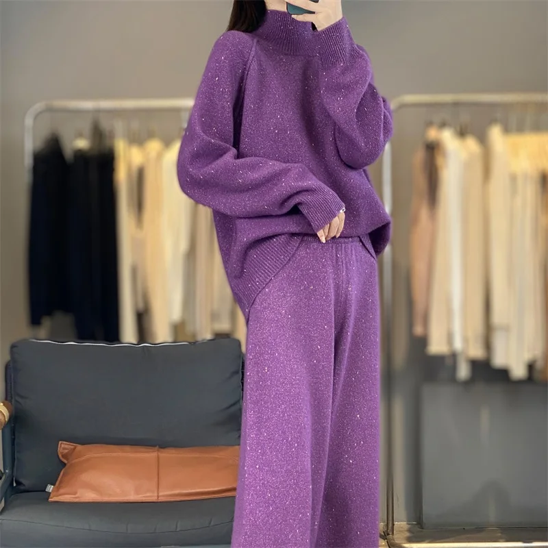 

Winter New Pure Wool Round Neck Contrast Fashion Suit Solid Color Joker Loose Knit Sweater With Pocket Wide-leg Pants