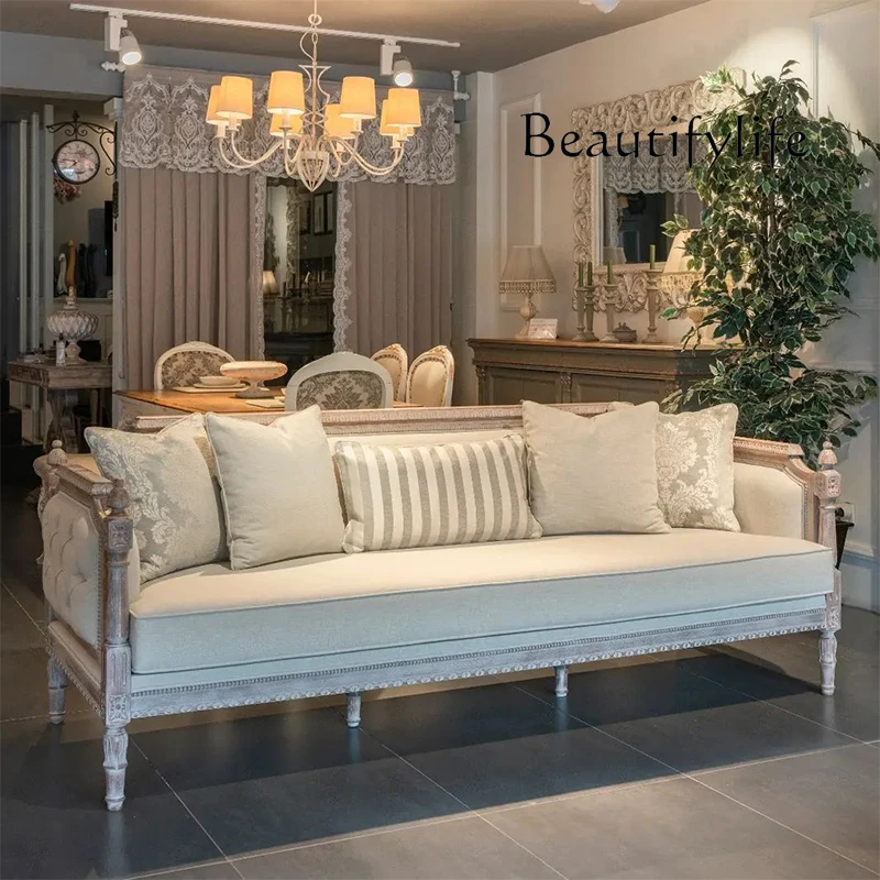 

American solid wood carving flower sofa villa living room retro three-person French designer straight row sofa