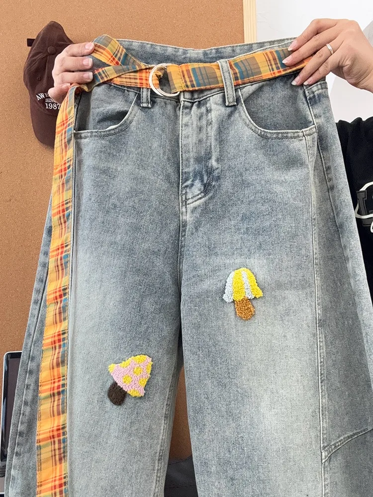 

Мужские джинсы в стиле ретро, американские, с эффектом потертости, свободного кроя, с массивной вышивкой, осенне-зимние, прямые, повседневные, модные, широкие брюки