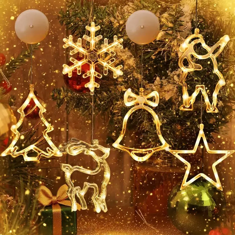 1PC Christmas Window Lights Suction Cup Decorations Battery Operated Warm White Santa Snowflake Reindeer Christmas Decor