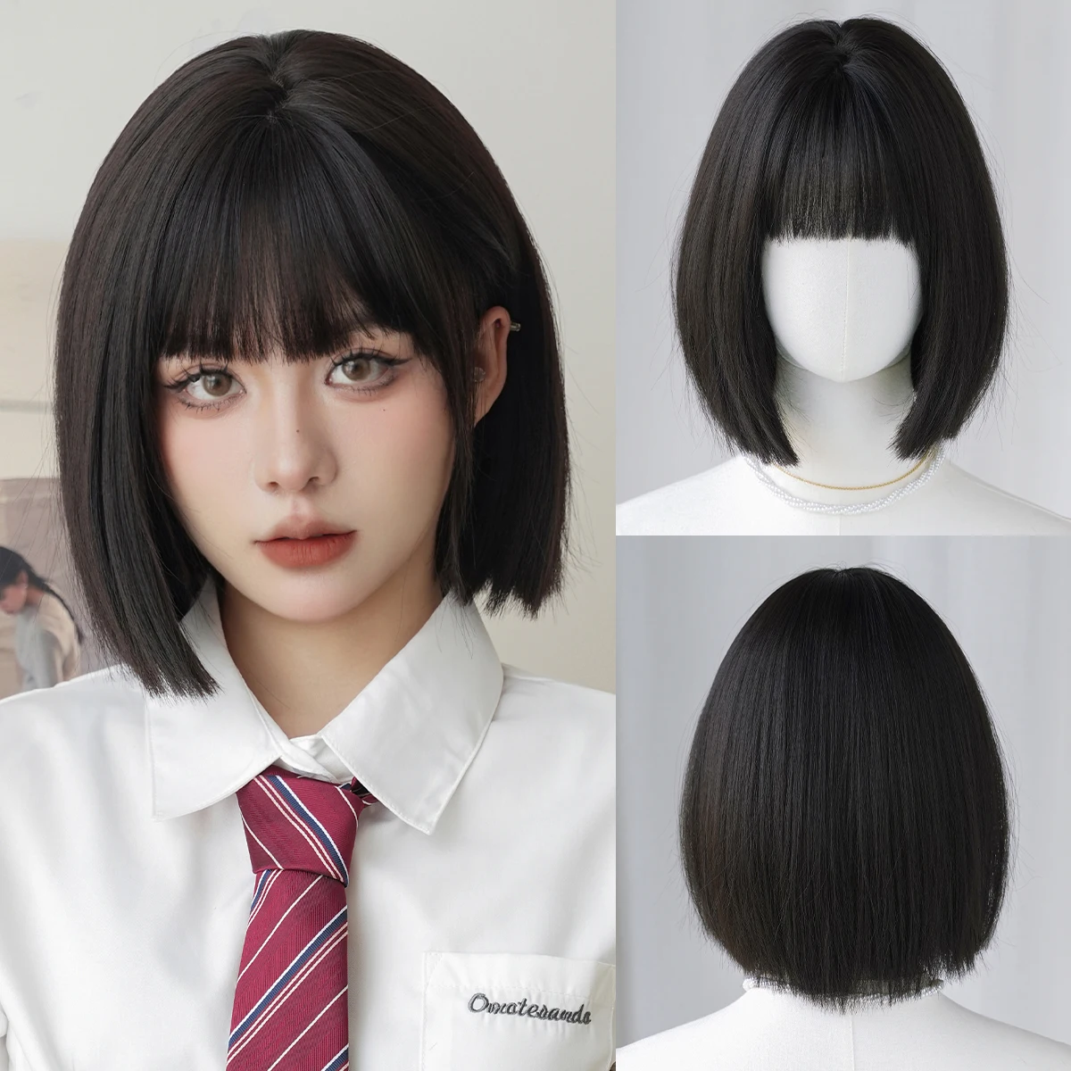

7JHH WIGS Short Straight Dark Brown Wig for Women Synthetic Heat-Resistant Modest Fashion Wear and Go Bob Wigs with Neat Bangs