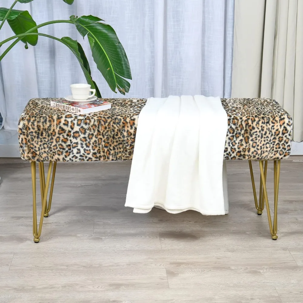 

Leopard Print Long Rectangle Faux Fur Ottoman Entryway Bench Soft Furry Footrest Stool 46"x16"x22" Accent Seating Bench Bedroom